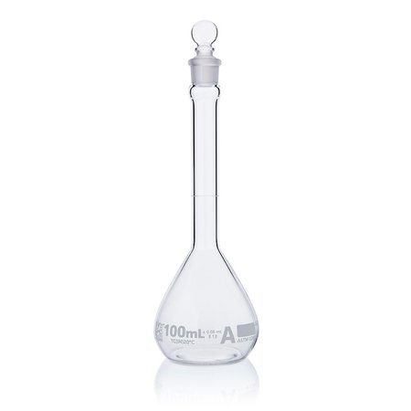 GLOBE SCIENTIFIC Flask, Volumetric , Globe Glass, 100mL, Class A, To Contain (TC), ASTM E288, 6/Box 8200100